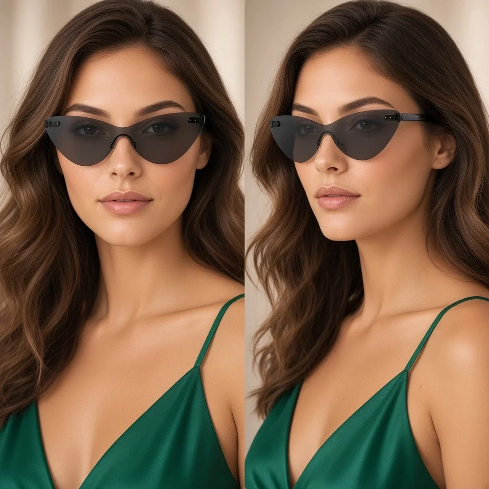 Black Rimless Cat Eye Sunglasses Futuristic Shield Lens Modern Eyewear Women New